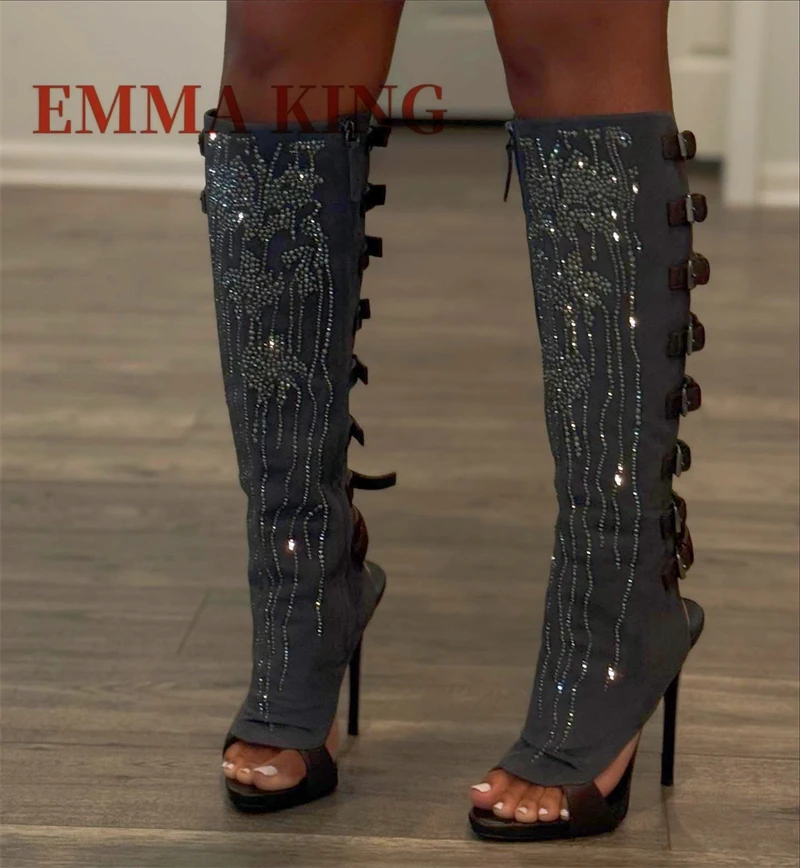 المرأة حجر الراين المفتوحة تو أحذية عالية في الركبة الصيف خنجر الكعوب حزام مشبك أحذية مثير المنصة حفلة صنادل عالية الكعب الأحذية