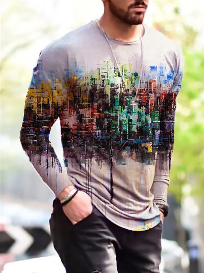 3D Street Printed Men's T-Shirts Large Size Loose Casual Tops Long Sleeve Autumn Round-Neck Fashion Male Tees Plus Size 6XL