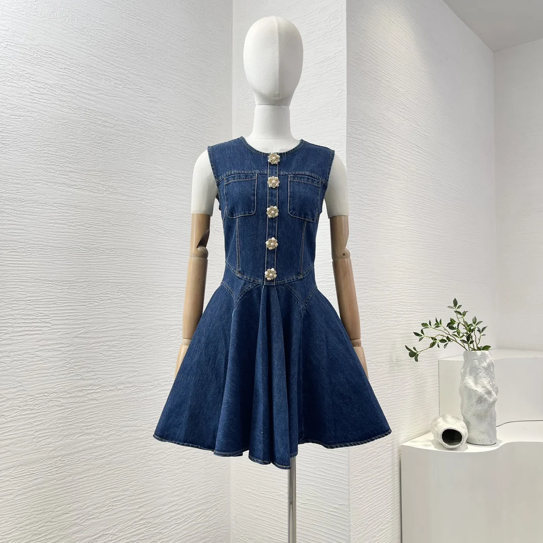 

New Women Denim Design Series Sleeveless Waist A-line Buttons 2024 High Quality Cotton Mini Lady Summer Tank Dress