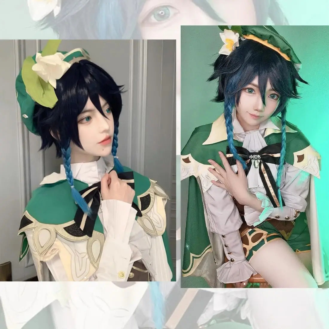 Spiel Genshin Impact Marineblaue Perücken für Venti Cosplay Kostüm 2-Ton Anime geflochtene Haarperücken mit Zöpfen Pferdeschwänzen Pony