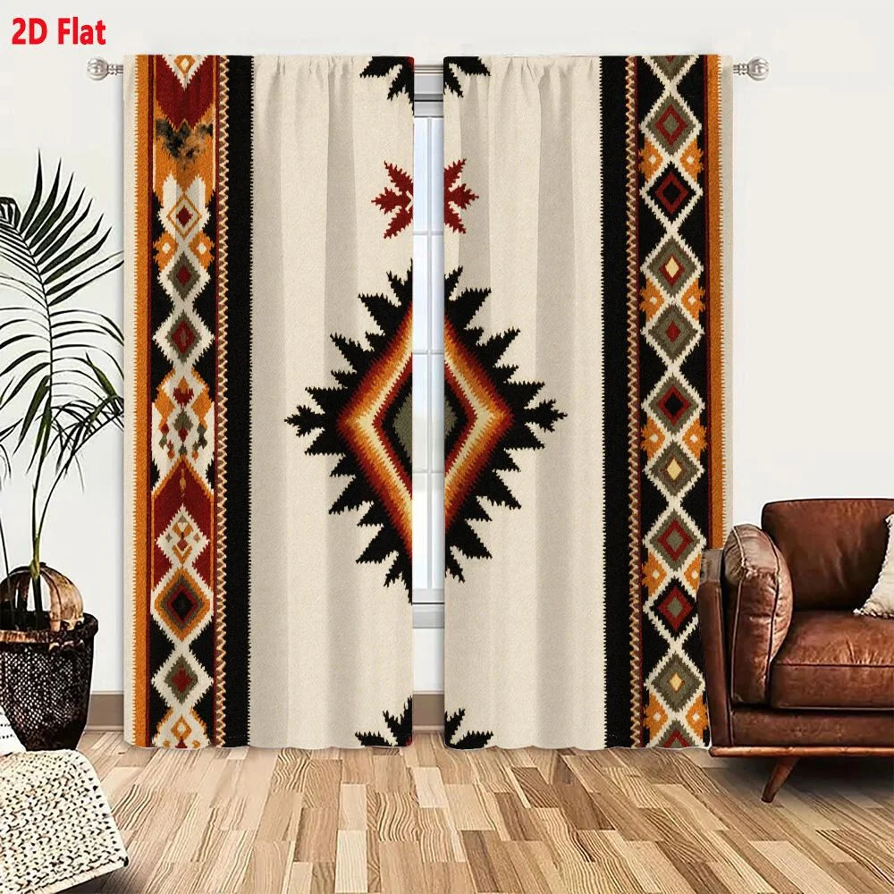 2Pcs Curtains 2D Flat Traditional Native American Inspired Geometric Textile Pattern Rug Fabric Design Light Beige Background Wi