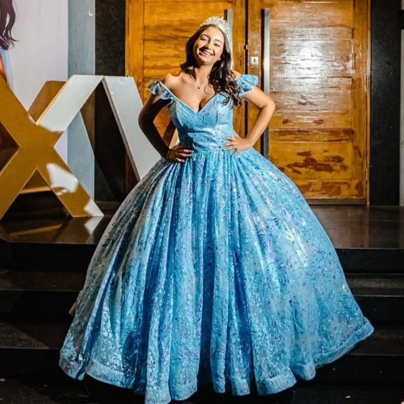 

Shiny blue Quinceanera Dress Lace Tull glitter decal Long tail vestidos de 15 Quinceanera ﻿Customized