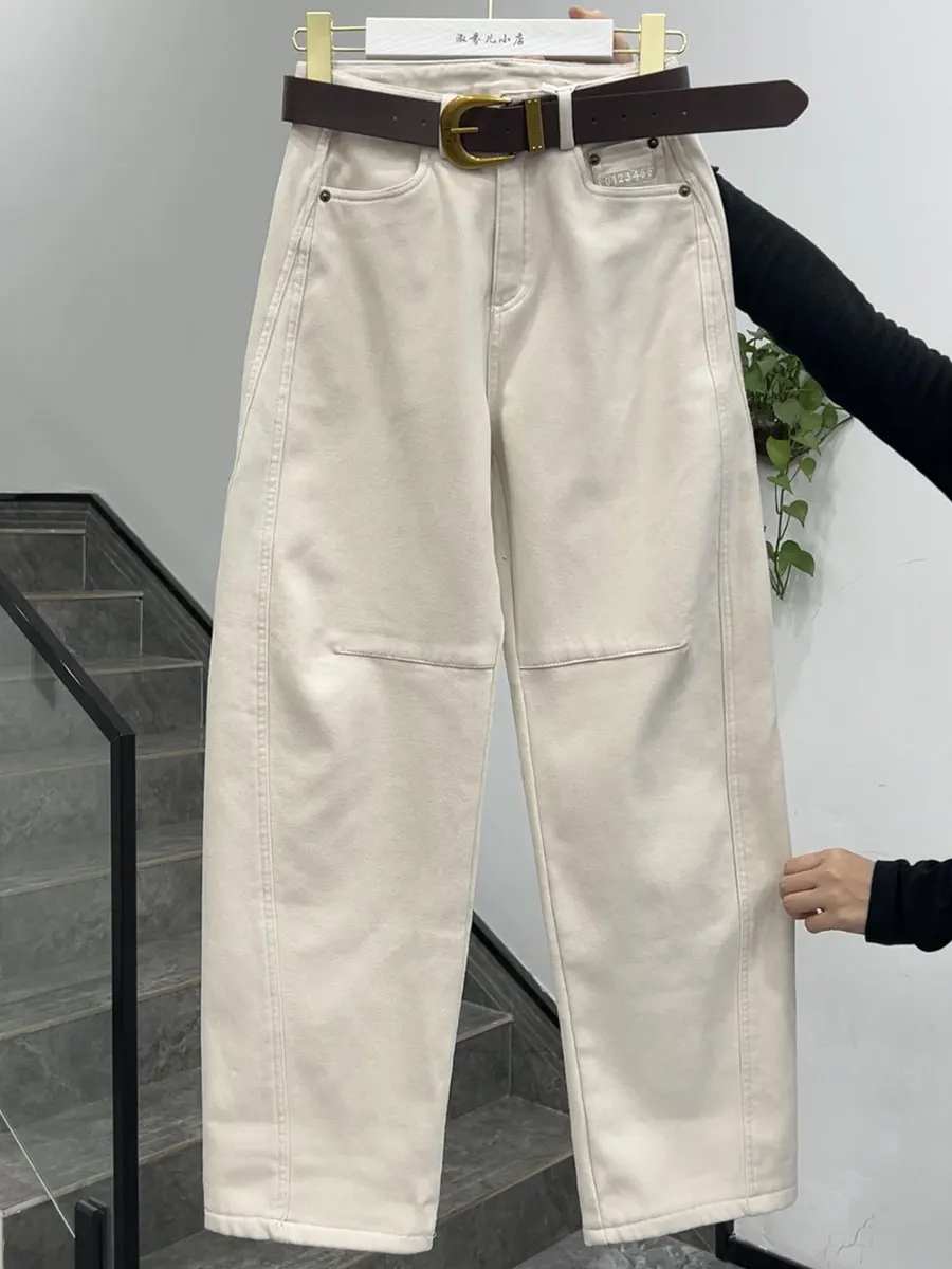 

Зимние джинсы Thiened Fce с высокой талией, прямые брюки с поясом, повседневные брюки для женщин больших размеров, теплые и стройнящие.