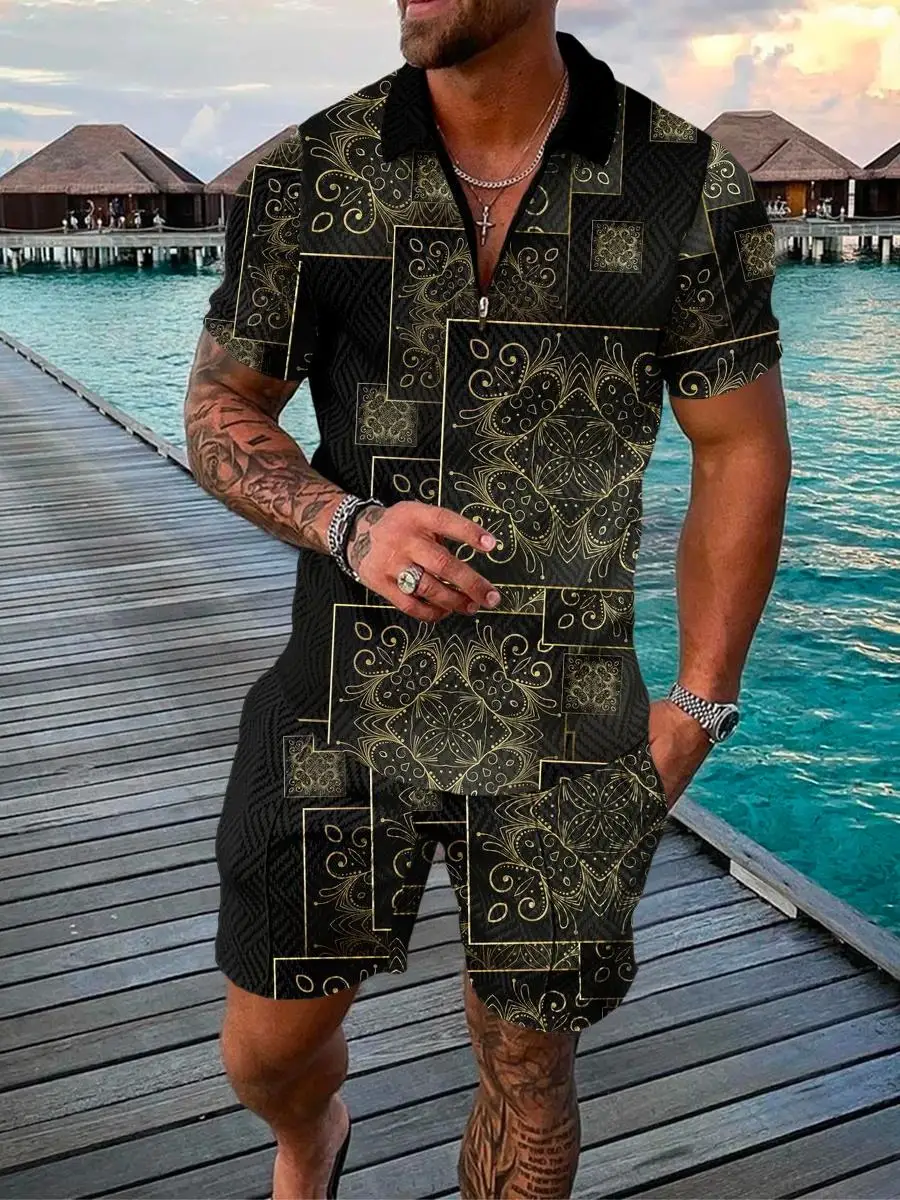 

Funny 3D Print Men's Sets Fashion Polo Shirt+Shorts 2 Piece Outfit Fashion Zipper Short Sleeve Shirts Summer Hip Hop Streetwear