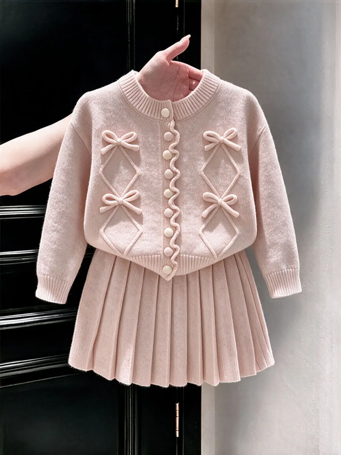 Girls' Set Autumn New Collection Children's Sweet Pink Bow Knitted Hair+Half Skirt Two Piece Set