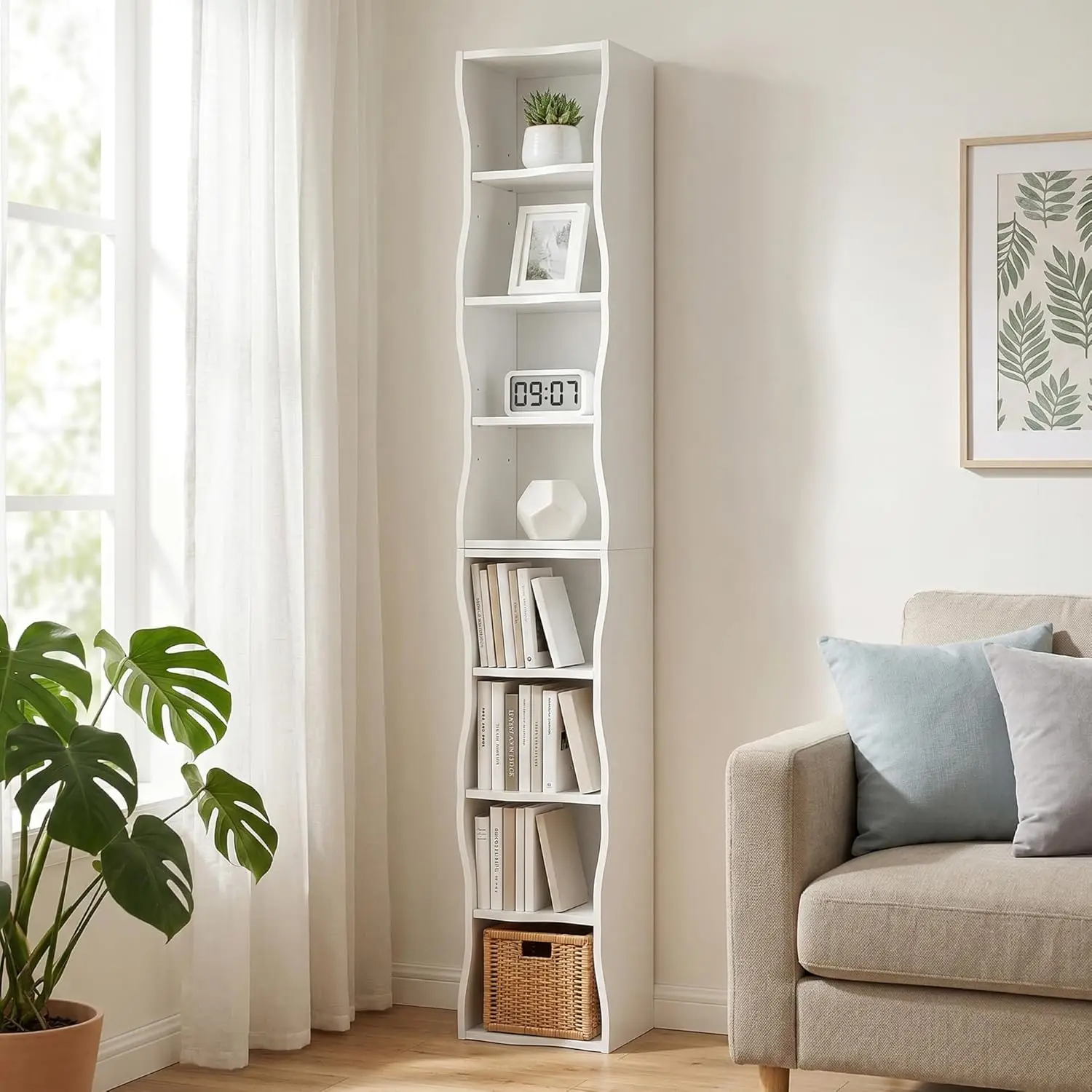 

8-Tier Tall Skinny Bookshelf with Wavy Border Design 71" Bookcase with Adjustable Shelves for Various Height Ultra-Thin Display