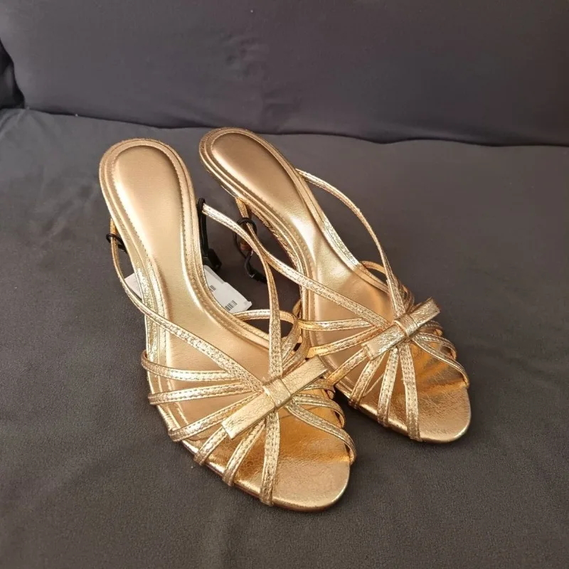 Gold Women Sandals Elegant Strappy High Heels Sexy Open Toe Heeled Mules Comfortable Summer Party Wedding Shoes