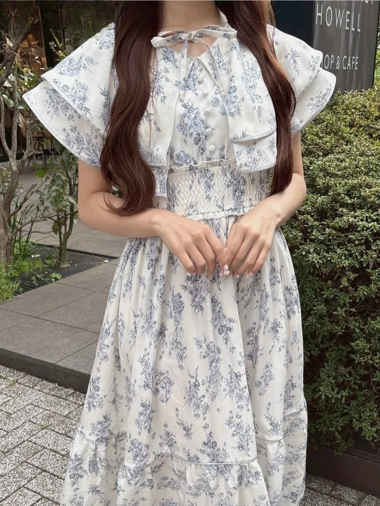 Japonês doce dupla camada lapela estilo capa vestido de renda verão novo de cintura alta magro-ajuste impresso polka-dot vestidos longos