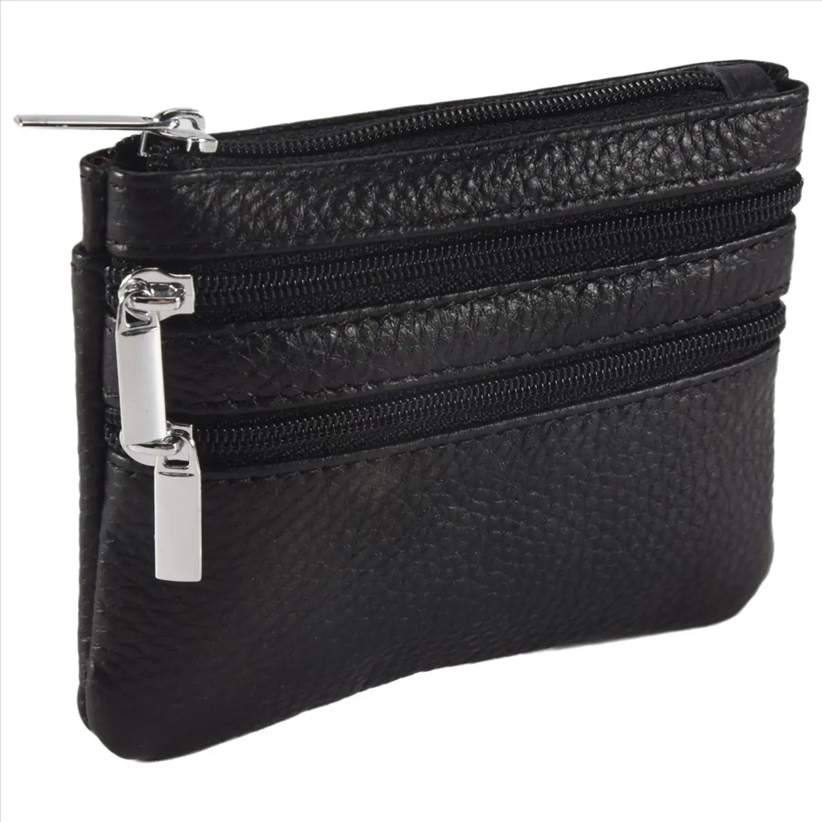 กระเป๋าใส่เหรียญหนัง ABQR พร้อมช่องใส่ของ 4 ช่องและพวงกุญแจสำหรับผู้หญิง สีดำ