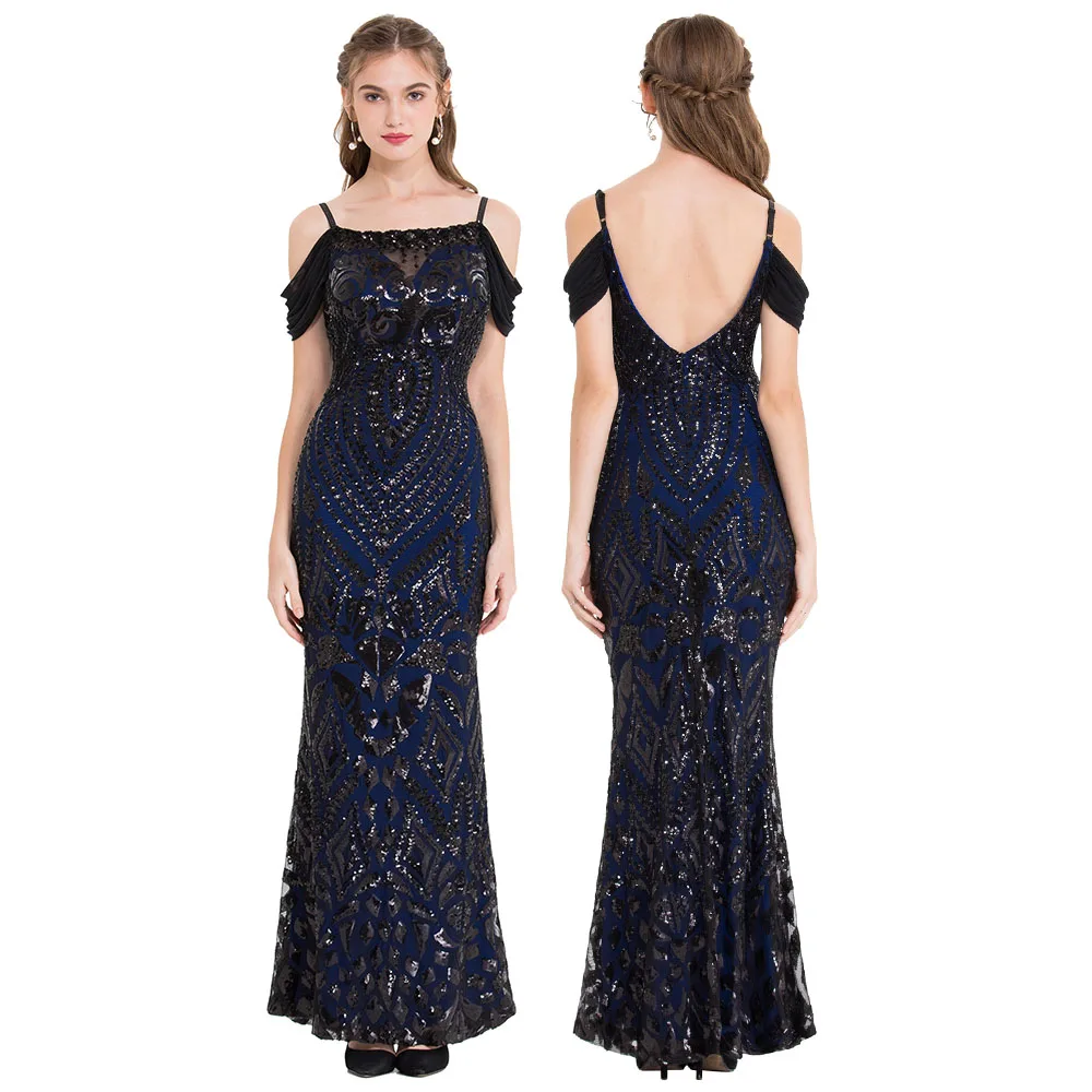 

Angel-fashions Women's Elegant Boat Neck Cap Sleeve Sequin Long Formal Evening Party Dress Cold Shoulder Backless Mermaid Gown