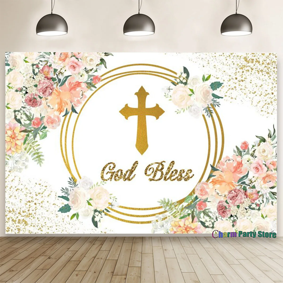 Charm My First Holy Communion Backdrops Crucifix Green leaf  Chalice  Poster Newborn Baptism Photo Background Custom Christening