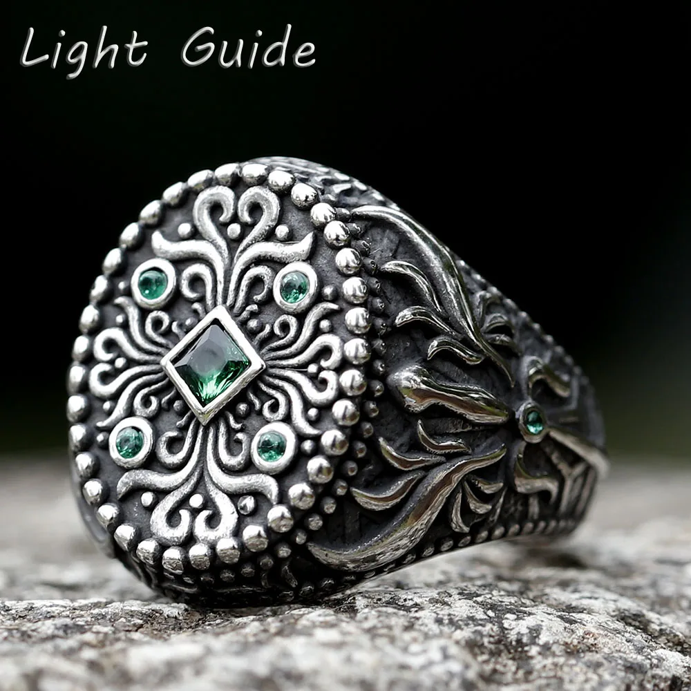 2022 New Unique Design Stainless Steel Turkish Stone Ring Vintage Pattern Men\'s Ring Retro National Style Jewelry Gift