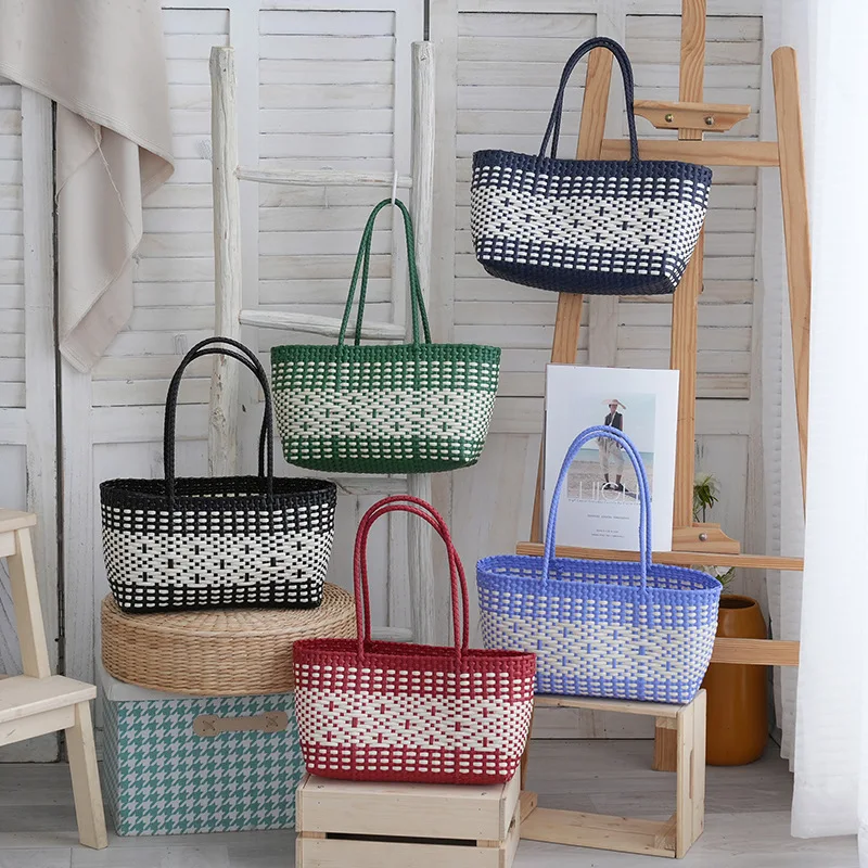 Plastic Woven Women's Handbag Handmade Bohemia Storage Basket Contrast Tote Bag Designer Summer Beach Bag Female Shoulder Bags