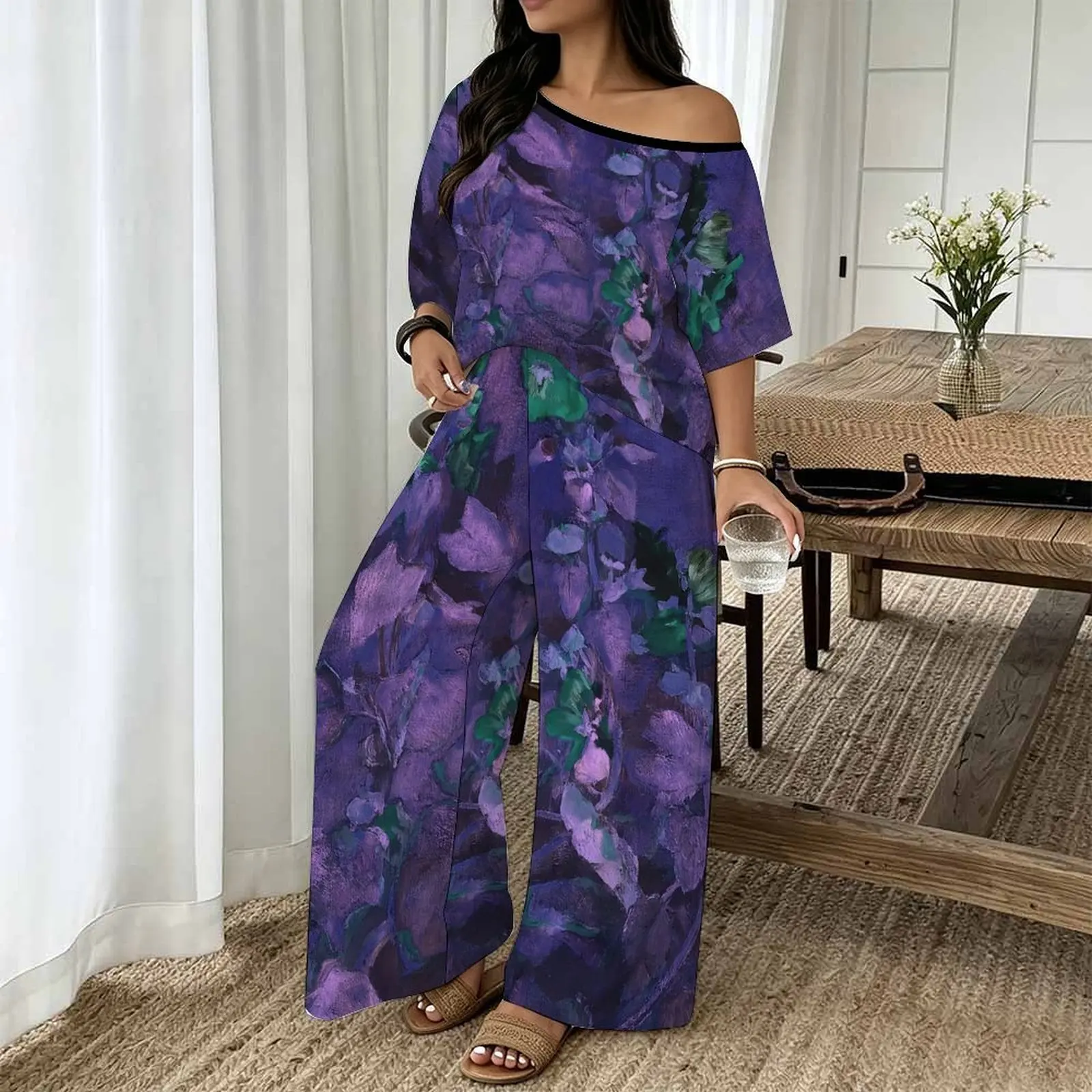 Plus Size Women Casual Print Two Piece Set Round Neck Sloping Shoulders  Short Sleeved Top Clothes Beach Vacation Sweatpants