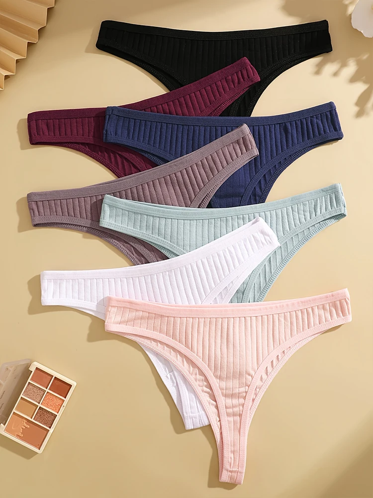 7PCS Dámské sexy bavlněné kalhotky G-string Jednobarevné žebrované měkké tanga Dámské kalhotky s nízkým pasem Dámské sexy bikiny spodní prádlo - náhled 4