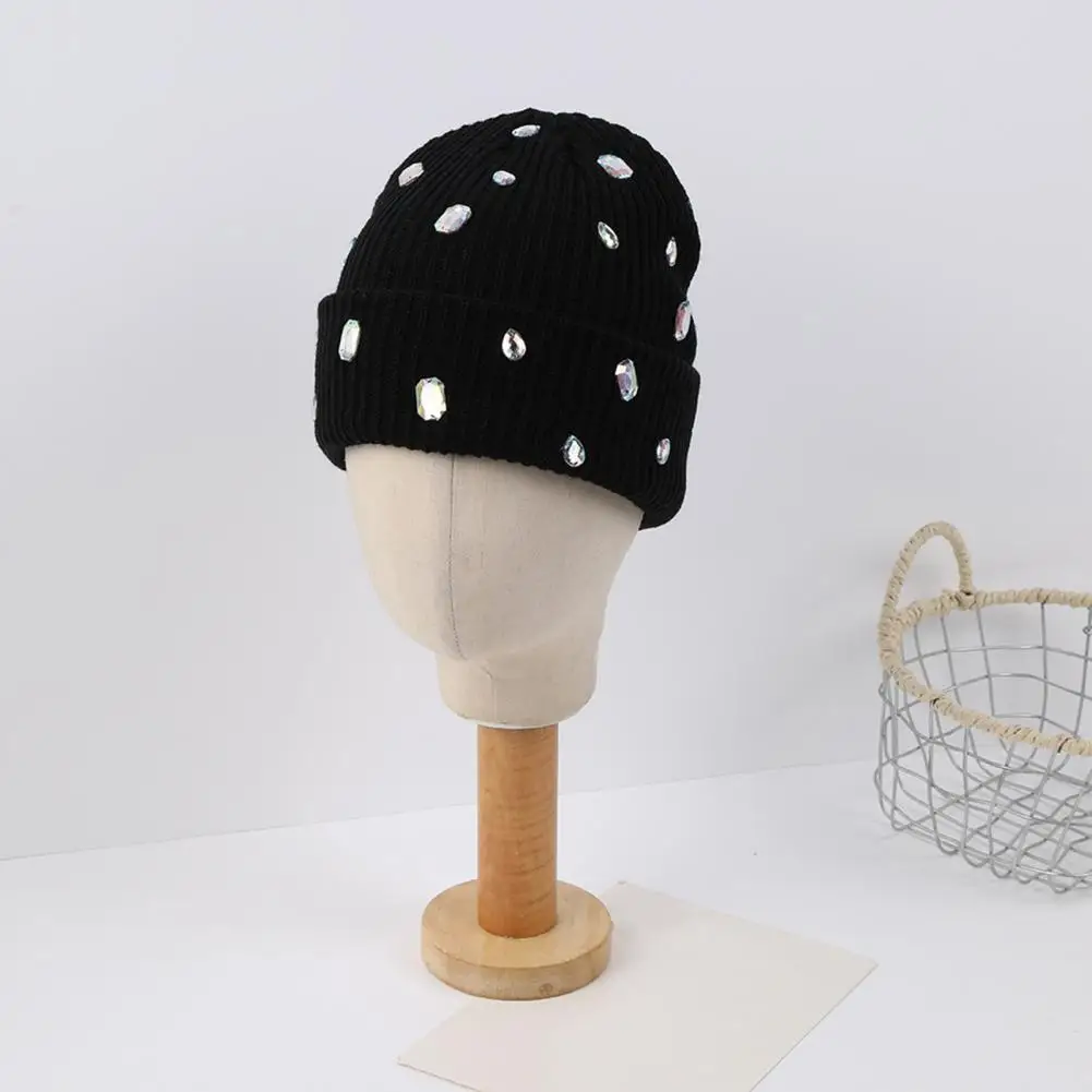 High-end Sparkle Acrylic Cap Bling Rhinestone Knitted Hat Winter Warm Skull Cap Street Punk Fashion for Women for Women