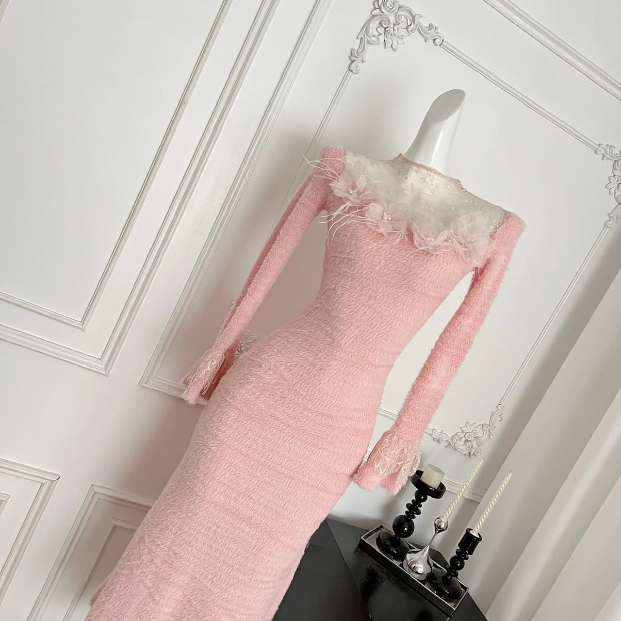 المرأة الخريف الشتاء أنيقة يزين ثلاثية الأبعاد الزهور ساحة الرقبة Bodycon فستان طويل سيدة مثير مضيئة كم سليم محبوك فستان #3