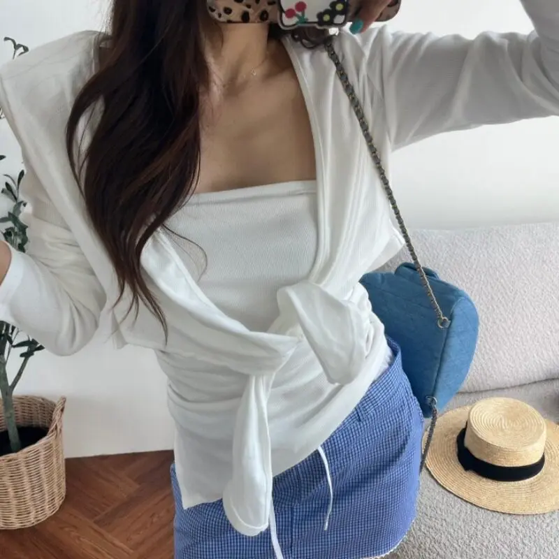 

Sl Splice Slim Fit Women's Top And Cardigan Two-Piece Set with Wrap Design Regular Sve Long Breathable Spring Faion