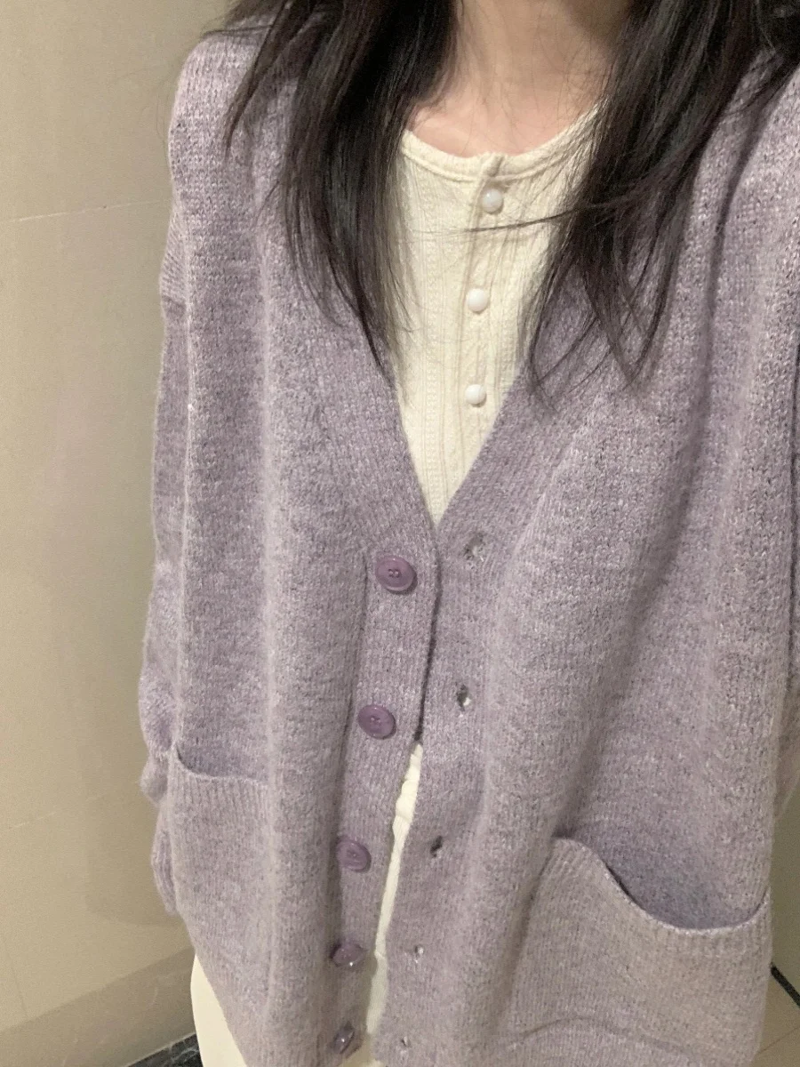 

Purple V-neck Knit Cardigan Winter For Women All Match Loose Solid Color Commuting Coat Simple Pocket Design Soft Sweater Top