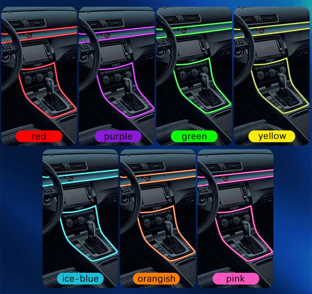 Car RGB LED Ambient Light Strip USB Fiber Optic Atmosphere Car Neon Interior Light Strip Center Console Door Decoration Lamp