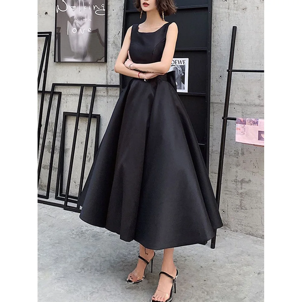 Black Draped Back Bow Evening Dresses Sleeveless Ankle Length Formal Occasion Princess Birthday Party Gown Elegant Prom Dress