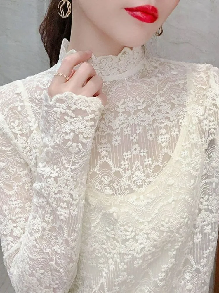 

Женская кружевная блузка с высоким воротником и вырезами, модная сетчатая блузка на весну-осень, приталенная, с длинным рукавом