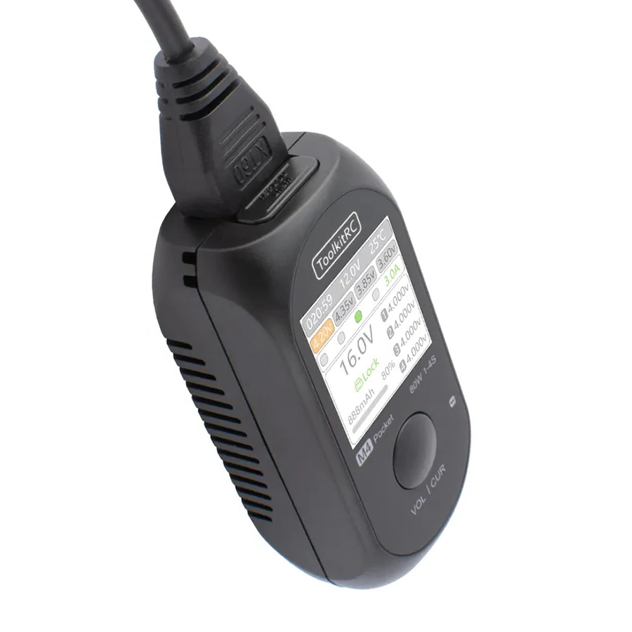 ToolkitRC M4 Pocket Smart 80W 5A Mini Charger DC Built-in USB-C XT60 Output for 1-4S Lipo LiFe Batteries Compact RC Parts Accs