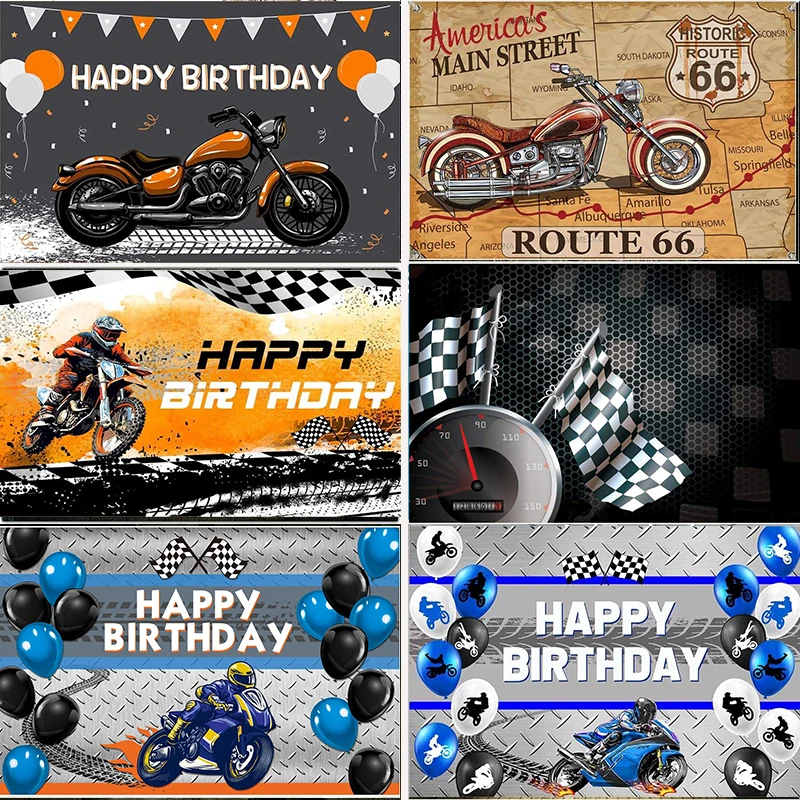 Motorcycle Birthday Backdrop Orange Motocross Racing Balloon Happy Birthday Party Decoration Extreme Sports Photography