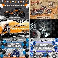 Motorcycle Birthday Backdrop Orange Motocross Racing Balloon Happy Birthday Party Decoration Extreme Sports Photography