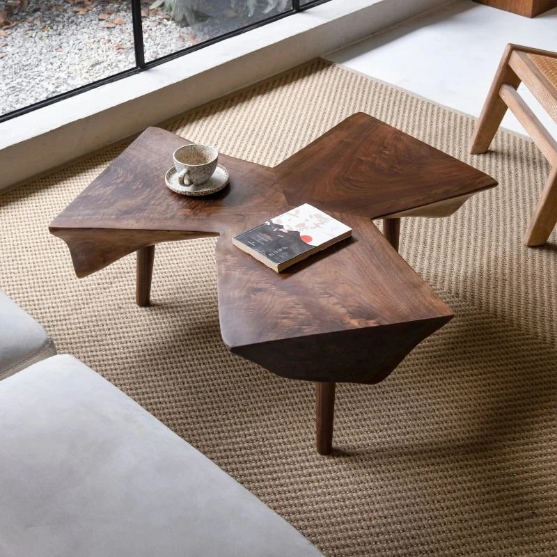

Black walnut solid wood tea table three-petaled wood design medieval walnut log special-shaped coffee table