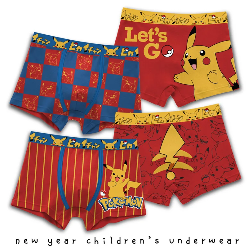 PokémonPikachu cartoon printed pure cotton children's underwear for boys without PP comfortable breathable boxers shorts 4 packs