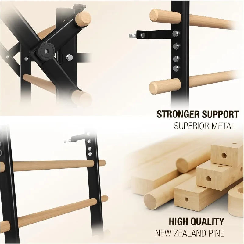 ラダー・ウッド・ストールバー、懸垂バーとディップバーアタッチメント付きサスペンショントレーナー、9つの戦略的用途を持つ木製ストールバー