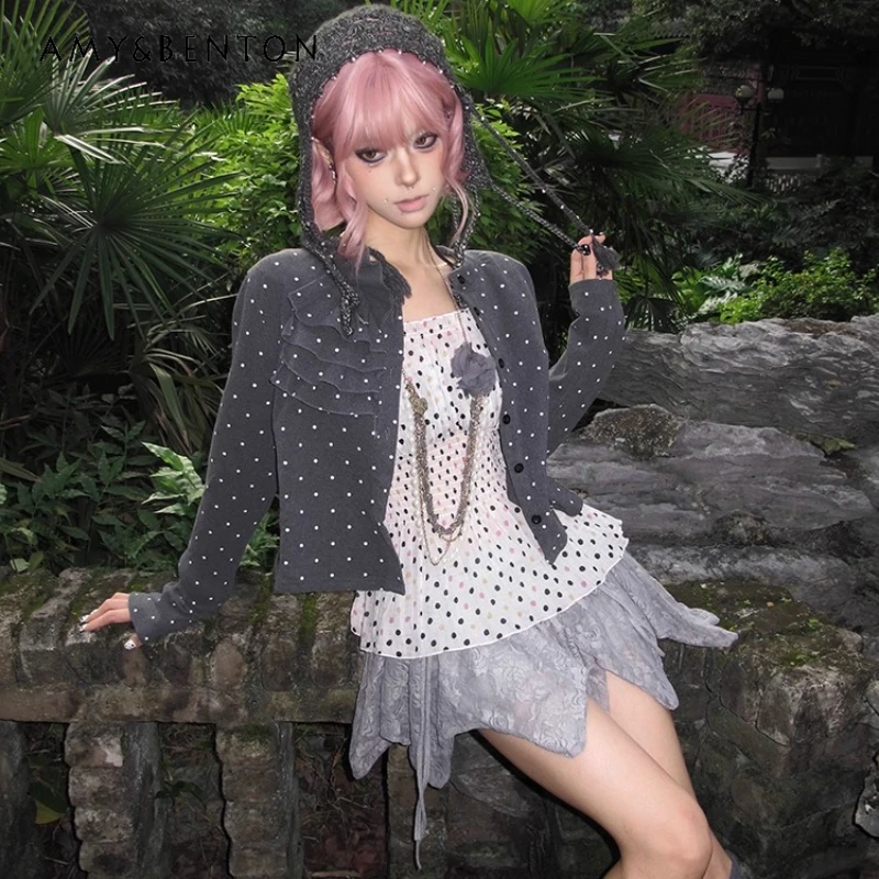 

2025 Autumn New Gray Polka Dot Cardigan Long Sleeve Thin Women's Jacket Retro Design Sweet Cute Versatile Sweater Coat Ladies