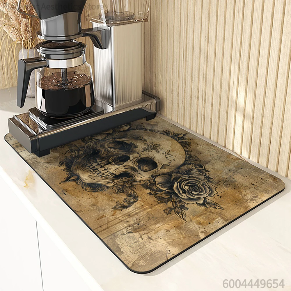 Absorbent Mat Halloween Watercolor Vintage Skull Floral Kitchen Antiskid Drying Mat Quick Dry Bathroom Drain Pad Tableware Mat