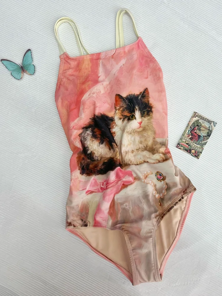 One Piece Swimsuit Women 2026 New Pink Cat Sling Sexy Bodysuit Swimwear Summer Blackess Monokini Beach Wear Bathing Suit Female