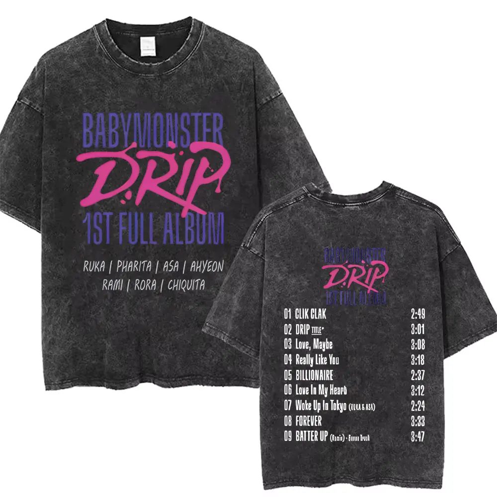 Babymonster Drip Ist Full Album Vintage Washed T-shirt Male Casual Oversized Streetwear T Shirts Men Women Korean Fashion Tshirt