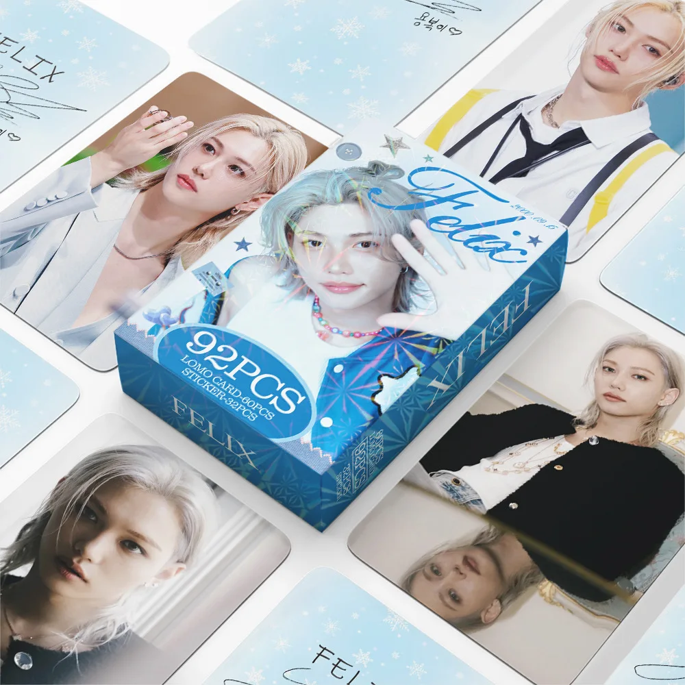 

SKzoo has 92 pieces of STRAYKIDS' Felix photo cards, Lee Jong-hoon stickers, double-sided LOMO cards, and greeting cards in stoc