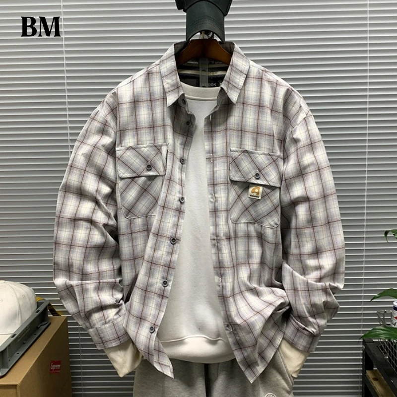 

Мужская рубашка в клетку классического кроя в американском ретро-стиле, с длинным рукавом, отложным воротником, повседневная, весенне-осенняя, хлопковая, уличная одежда