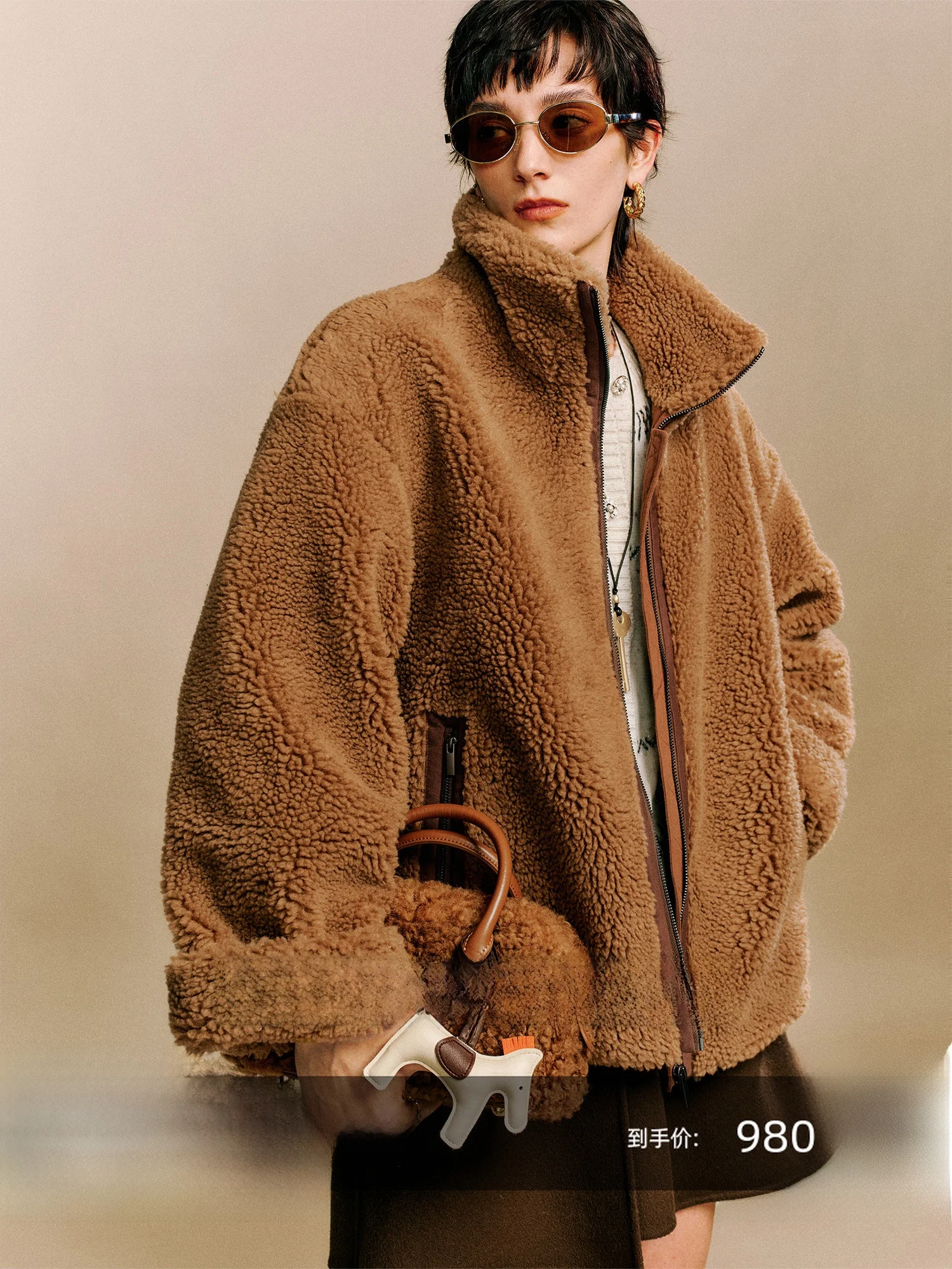 

CA Brown Bear Camel Fur earling Zipper Long Sve Stand Collar Women's Winter Leather Coat Casual Sle Mid-Length
