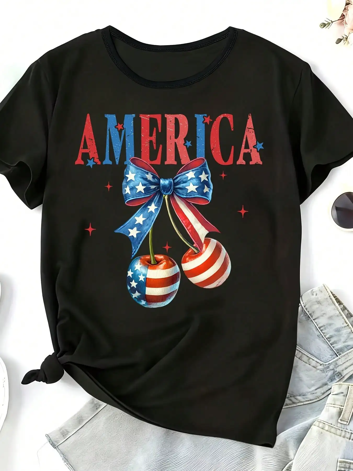 Women Casual T Shirt America Flag Cherry Bow Print For Independence Day Game Day Mama Patriotic Celebration 4th Of July ,Summer Parties Daily Wear and Themed Parties, Comfortable Pure Cotton Fit Graphic Shirt Perfect for Casual Style,Summer Top