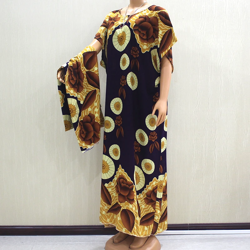 

Dashikiage African Fashion Women Maxi Dress 100% Cotton Short Sleeve O-collar Dresses With Large Scarf Loose Soft