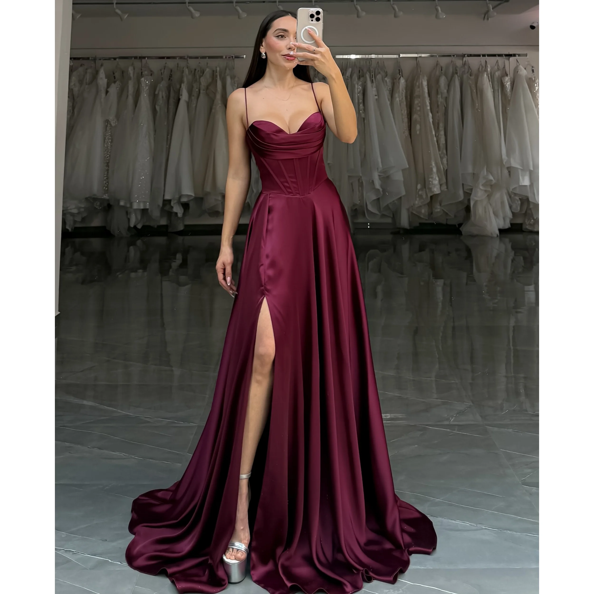 

Темно-красные вечерние платья для женщин A Line Sweetheart Vestidos de Gala Simple Robes de Fiesta wirh с высоким разрезом по индивидуальному заказу