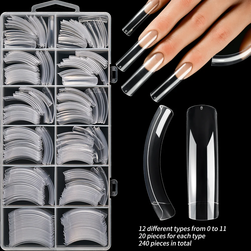240 Stück Transparente C-Kurven Press-On Nägel in 12 Größen, Extra Lange Sargform Künstliche Nägel, DIY Nagelkunst Verlängerungsspitzen, Falsche Fingertipps