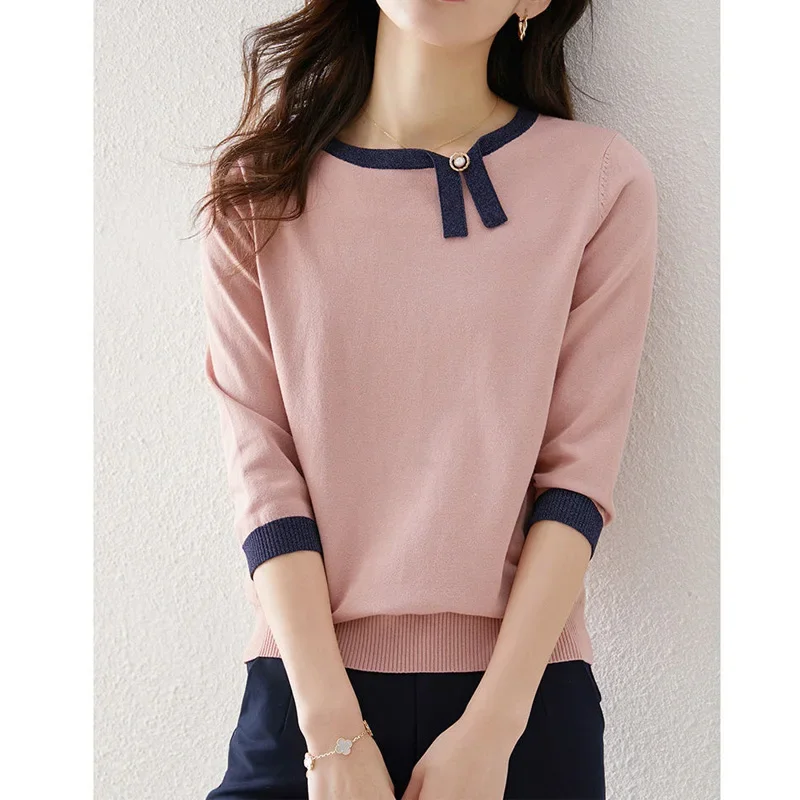 Spring New Contrast Knitting Pullovers 3/4 Sleeve O-Neck Loose Plus Size All-match Sweaters Elegant Fashion Women Clothing B20