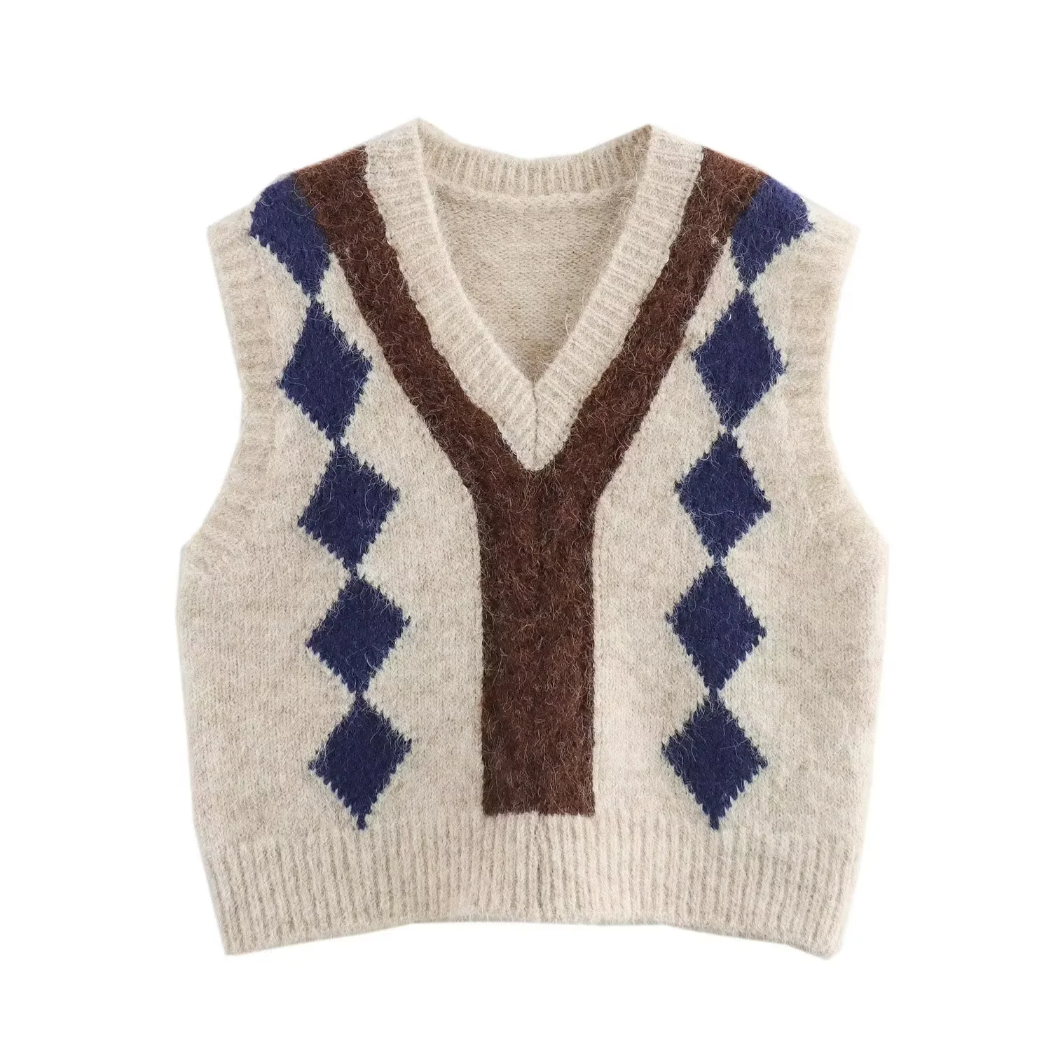 2025 CHIC V-hals Geometrische Plaid Breien Mouwloze Trui Vest Vrouwen Vest Trui Tanks Koreaanse Stijl