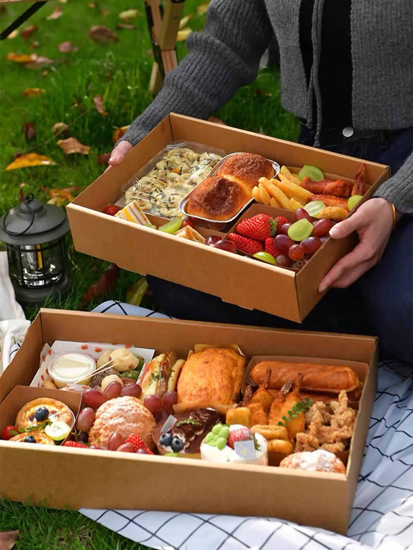 1pcs, picnic box with lid, outdoor camping style kraft paper packaging box, baking light food fruit dessert lunch box