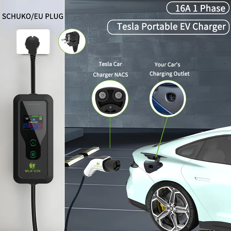 WUFEN 2025 Tesla Model 3 y s x Автомобильное зарядное устройство NACS 3,5 кВт Портативное домашнее зарядное устройство TPC/Tesla 16A 1 фаза 220 В EV Appointme Charging Pile