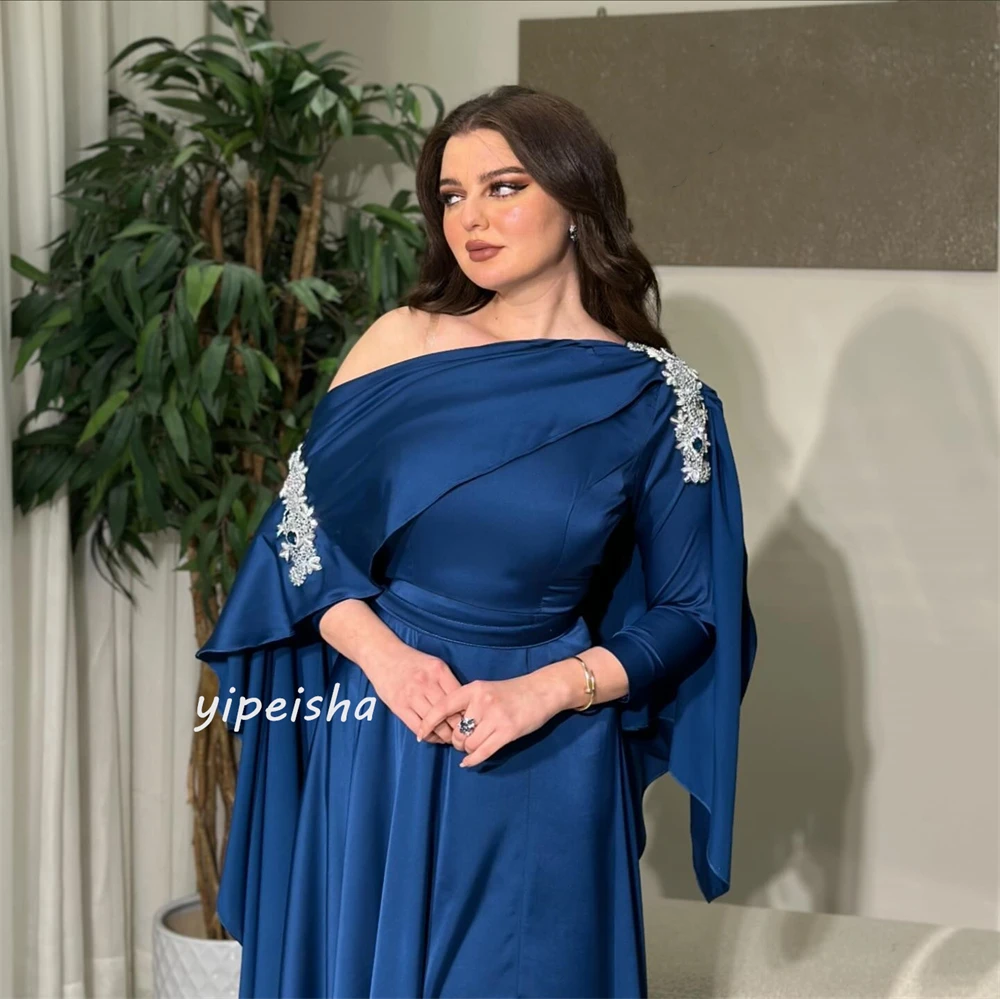 Gaun pesta pernikahan, gaun pesta dansa Satin, manik-manik, terbungkus Ruched, pesta pernikahan A-line bahu terbuka, gaun acara Bespoke Arab Saudi, malam