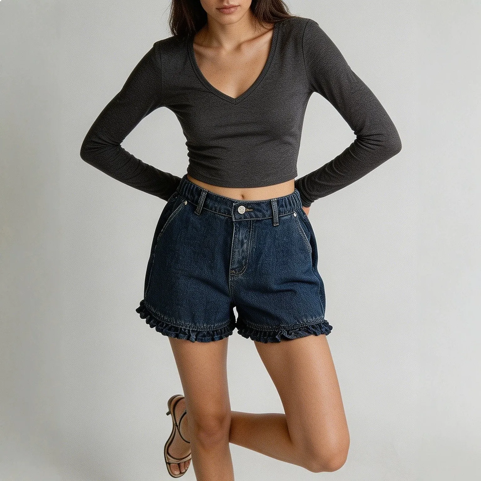 Denim Shorts Womens Mid Rise Ruffle Peplum Slimming Casual Spring Summer Shorts