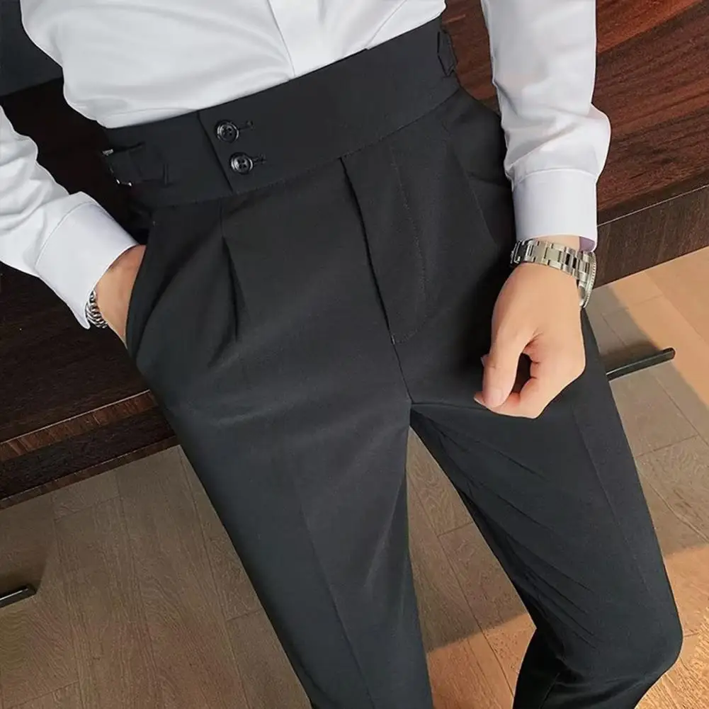 Men Solid Color Pants Classic Men\'s Office Trousers Slim Fit High Waist Vintage Pockets for Formal Business Style Men Pants